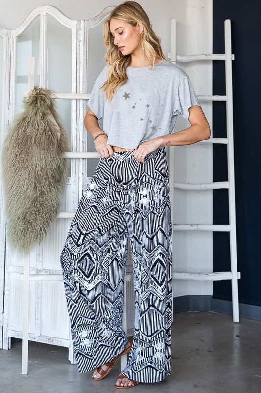 Retro Vintage Print Wide Pants With Pocekts Plus us.meeeshop - 