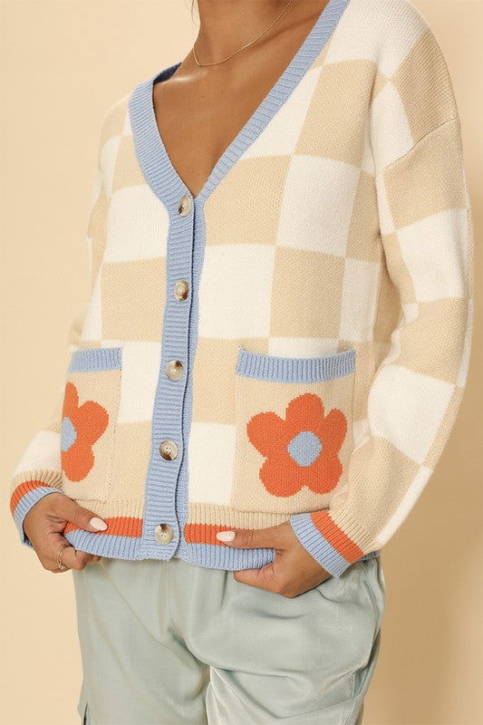 Retro flower checkered cardigan us.meeeshop - 