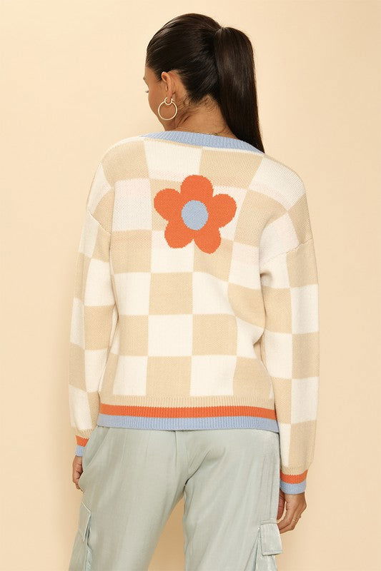 Retro flower checkered cardigan us.meeeshop - 