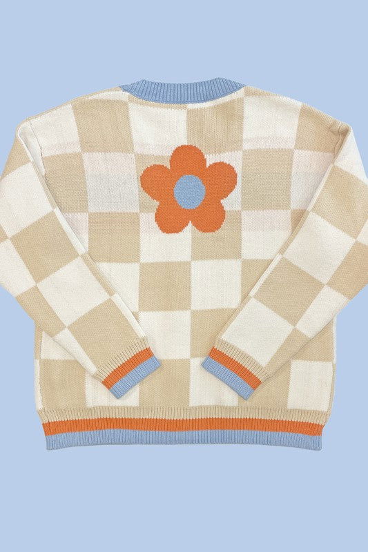 Retro flower checkered cardigan us.meeeshop - 