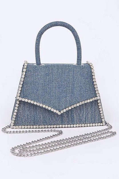 Rhinestone Accent Denim Top Handle Clutch Bag us.meeeshop - Handbags