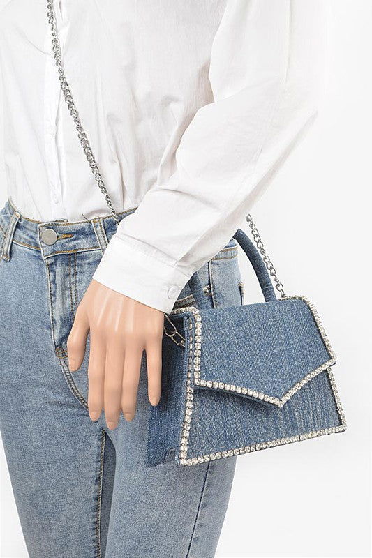 Rhinestone Accent Denim Top Handle Clutch Bag us.meeeshop - 