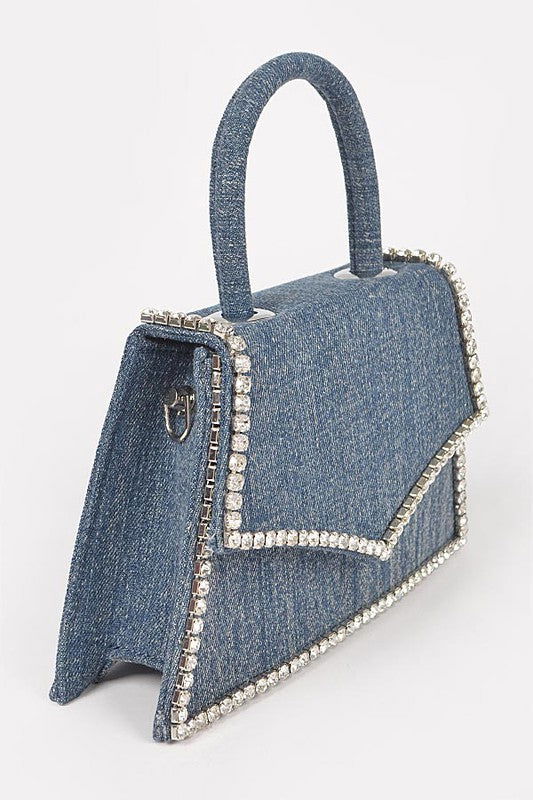 Rhinestone Accent Denim Top Handle Clutch Bag us.meeeshop - 