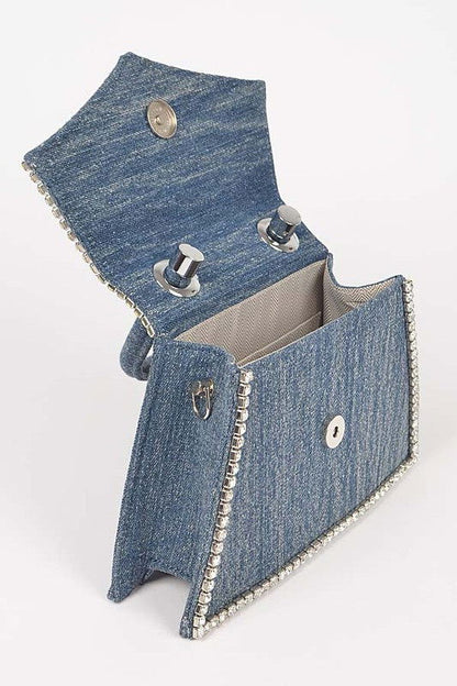 Rhinestone Accent Denim Top Handle Clutch Bag us.meeeshop - 