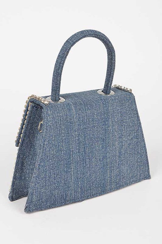 Rhinestone Accent Denim Top Handle Clutch Bag us.meeeshop - 