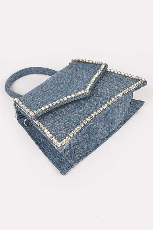 Rhinestone Accent Denim Top Handle Clutch Bag us.meeeshop - 