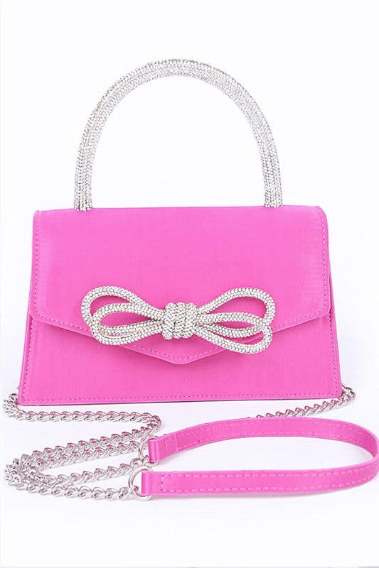 Rhinestone Bow Accent Top Handle Swing Clutch Bag us.meeeshop - 