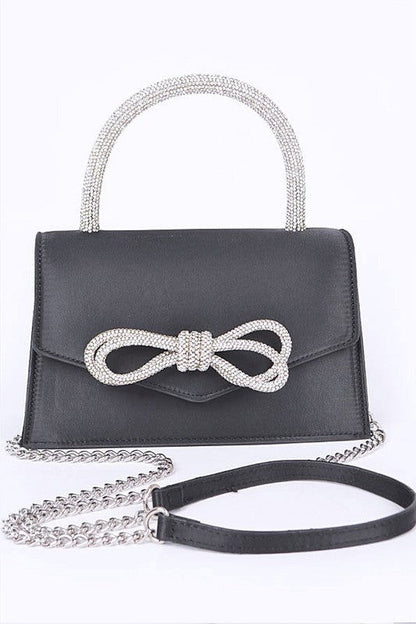 Rhinestone Bow Accent Top Handle Swing Clutch Bag us.meeeshop - Handbags