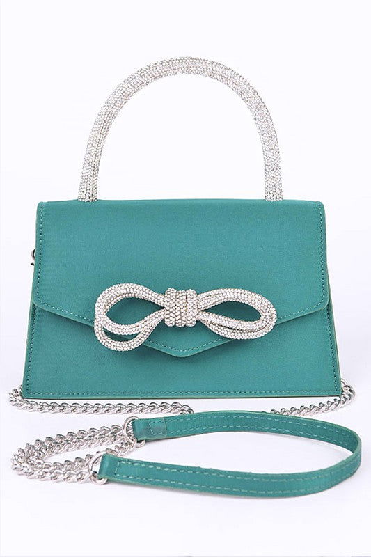 Rhinestone Bow Accent Top Handle Swing Clutch Bag us.meeeshop - 