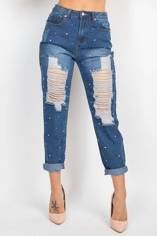 Rhinestones Ripped-front Denim Jeans | us.meeeshop