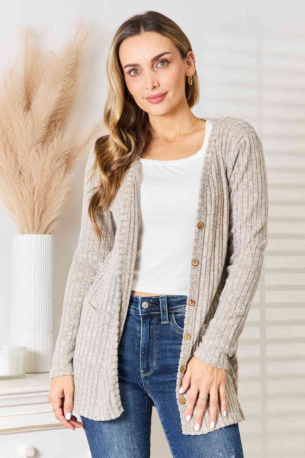 Ribbed Button-Up Cardigan with Pockets | us.meeeshop