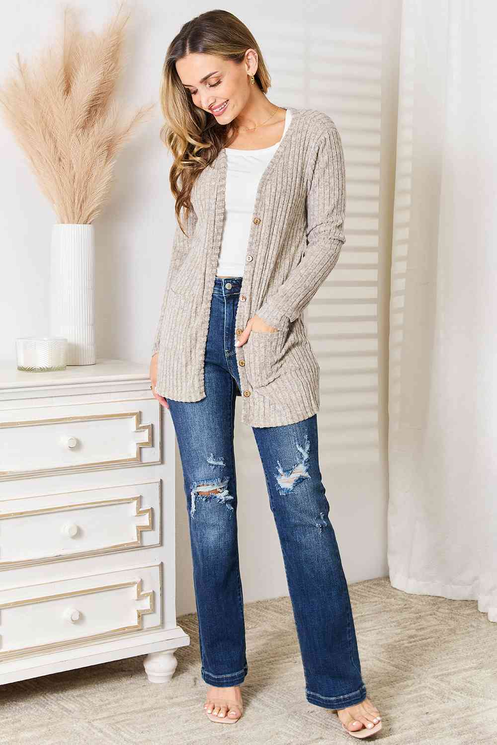 Ribbed Button-Up Cardigan with Pockets | us.meeeshop