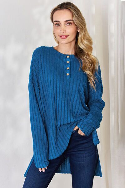 Ribbed Half Button Long Sleeve High-Low T-Shirt us.meeeshop - Shirts & Tops