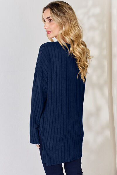 Ribbed Half Button Long Sleeve High-Low T-Shirt | us.meeeshop