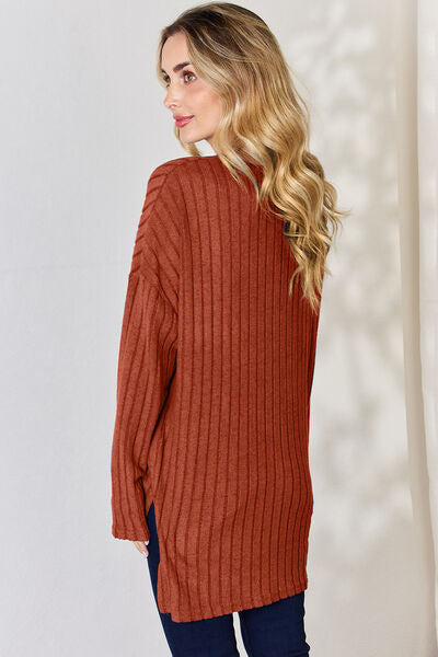 Ribbed Half Button Long Sleeve High-Low T-Shirt | us.meeeshop