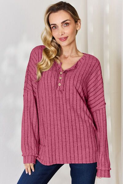 Ribbed Half Button Long Sleeve T-Shirt us.meeeshop - 