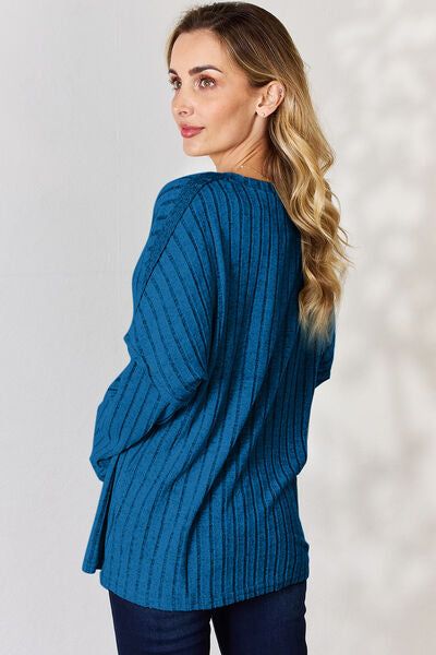 Ribbed Half Button Long Sleeve T-Shirt us.meeeshop - 