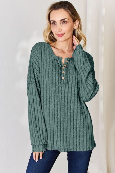 Ribbed Half Button Long Sleeve T-Shirt us.meeeshop - 