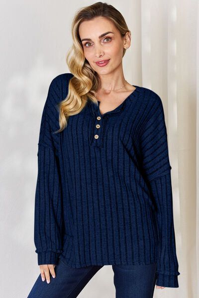 Ribbed Half Button Long Sleeve T-Shirt us.meeeshop - 