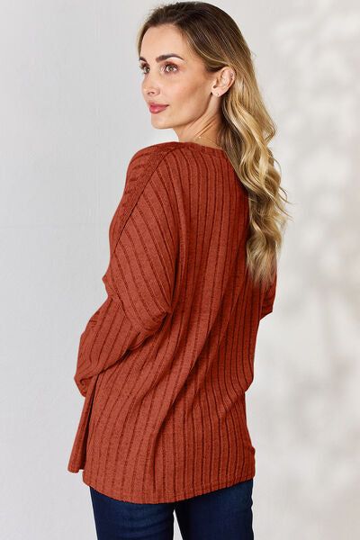 Ribbed Half Button Long Sleeve T-Shirt us.meeeshop - 