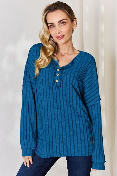 Ribbed Half Button Long Sleeve T-Shirt us.meeeshop - 