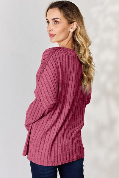 Ribbed Half Button Long Sleeve T-Shirt us.meeeshop - 