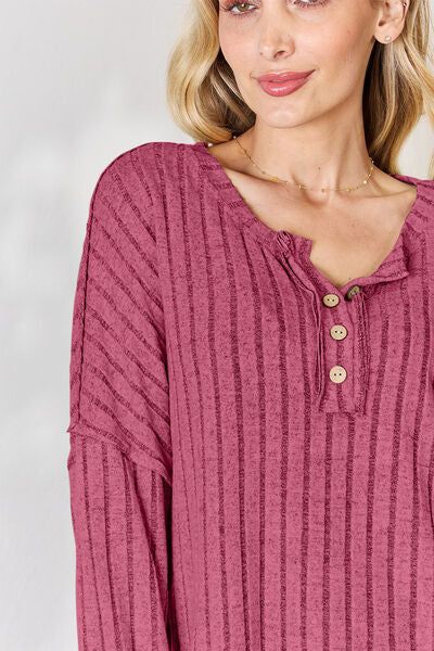 Ribbed Half Button Long Sleeve T-Shirt us.meeeshop - 