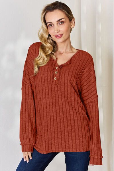 Ribbed Half Button Long Sleeve T-Shirt us.meeeshop - Shirts & Tops