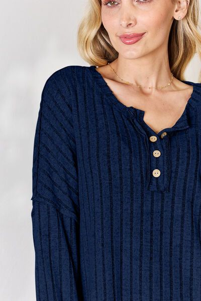 Ribbed Half Button Long Sleeve T-Shirt us.meeeshop - 