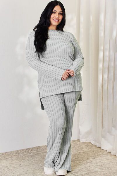 Ribbed High-Low Top and Wide Leg Pants Set us.meeeshop - 