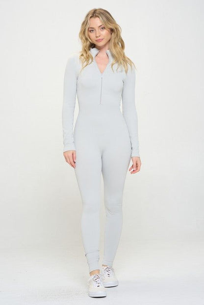 Ribbed Knit Jumpsuit Long Sleeve Zip-up us.meeeshop - Activewear