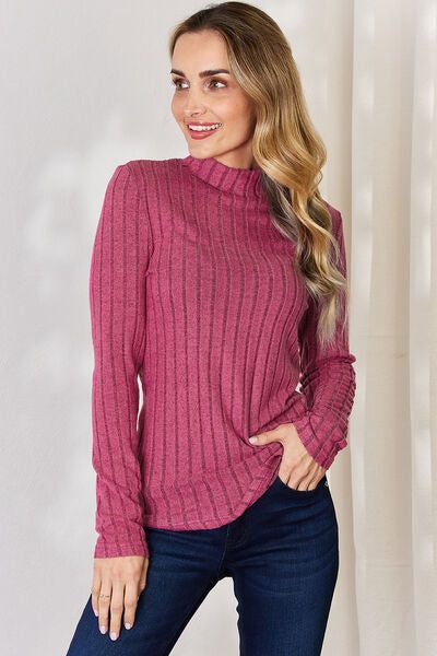 Ribbed Mock Neck Long Sleeve T-Shirt us.meeeshop - 