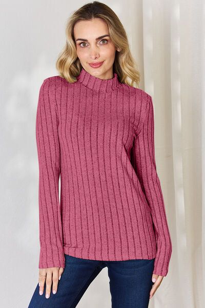 Ribbed Mock Neck Long Sleeve T-Shirt us.meeeshop - 