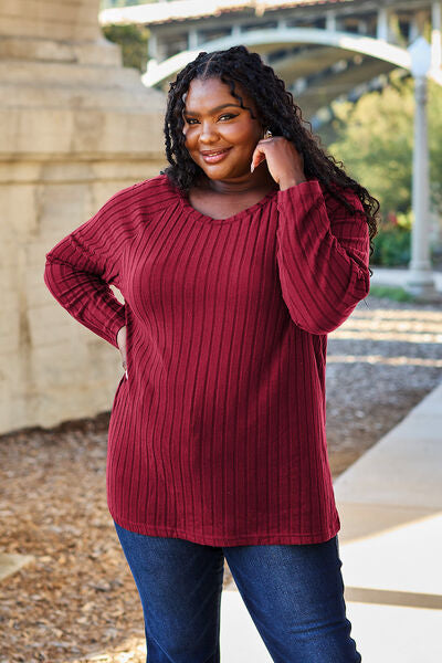 Ribbed Round Neck Long Sleeve Knit Top | us.meeeshop