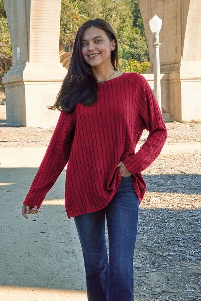 Ribbed Round Neck Long Sleeve Knit Top us.meeeshop - Shirts & Tops