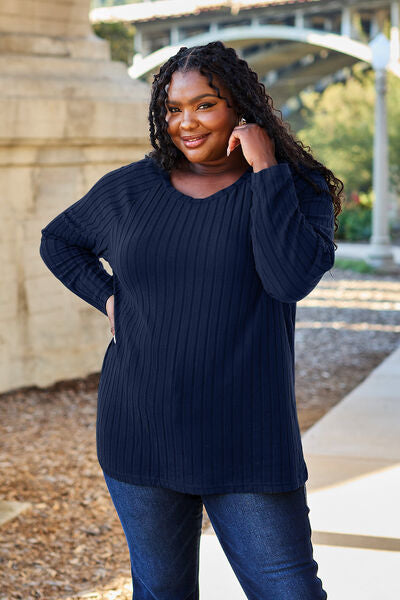Ribbed Round Neck Long Sleeve Knit Top | us.meeeshop