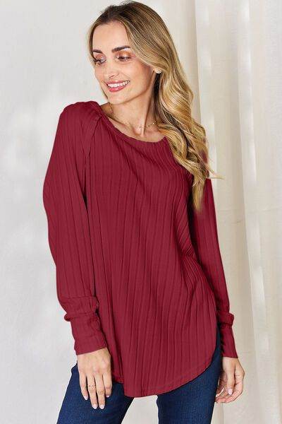 Ribbed Round Neck Slit T-Shirt - us.meeeshop