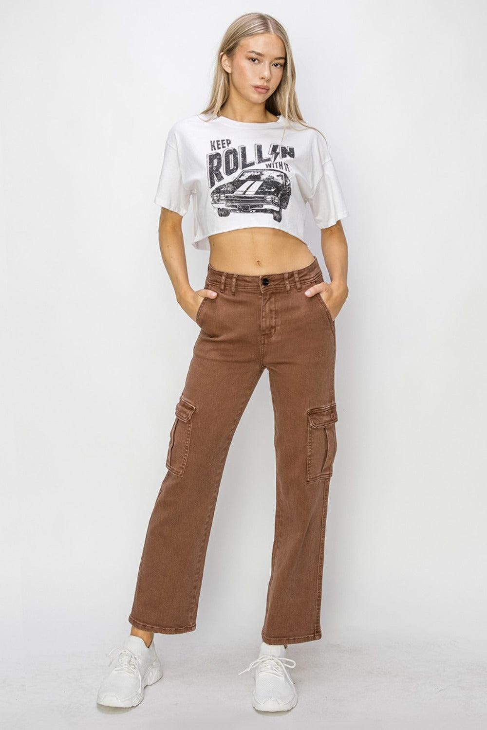 Risen Full Size High Rise Cargo Jeans In Espresso us.meeeshop - 