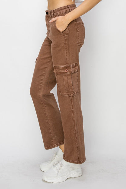 Risen Full Size High Rise Cargo Jeans In Espresso us.meeeshop - 