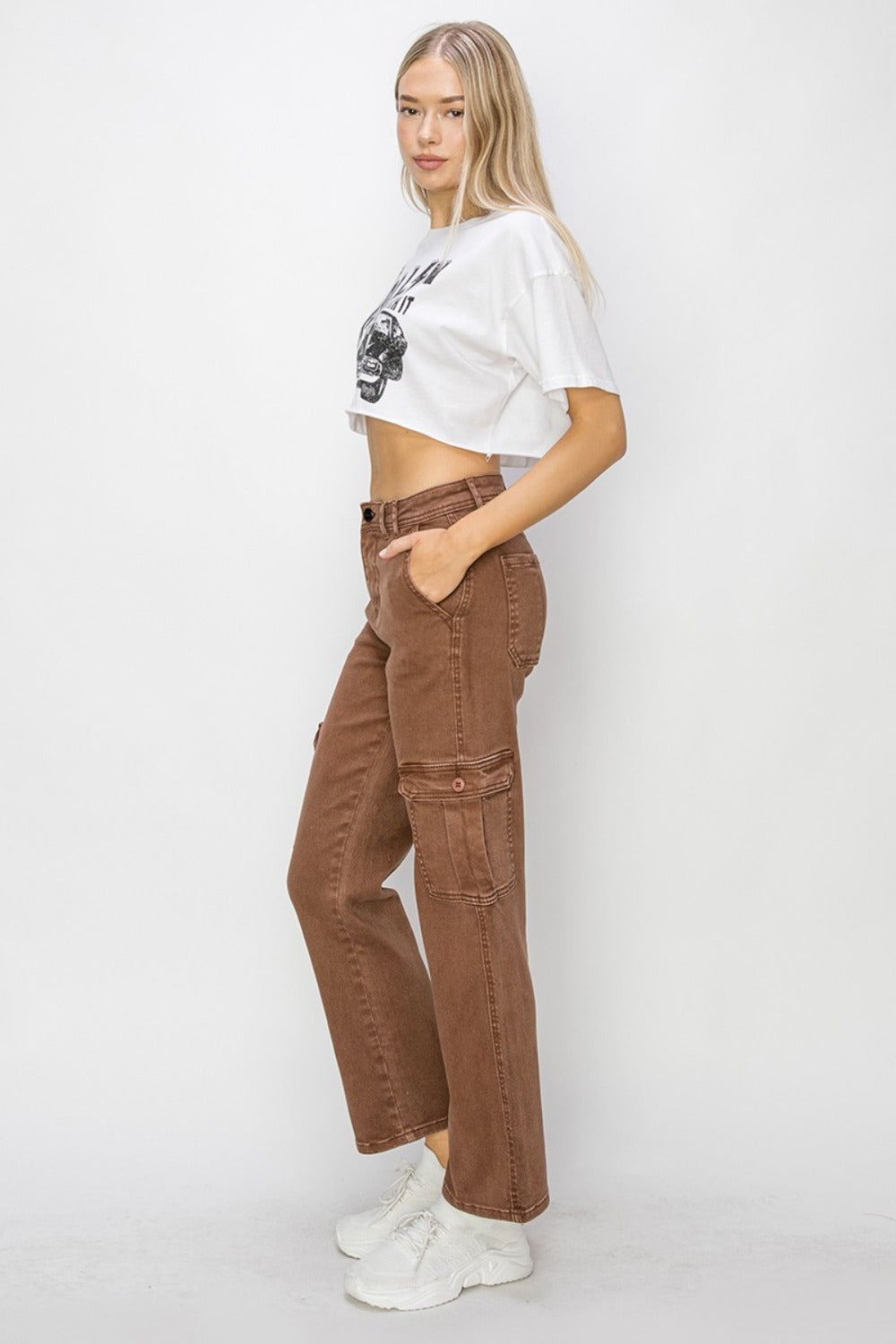 Risen Full Size High Rise Cargo Jeans In Espresso us.meeeshop - 