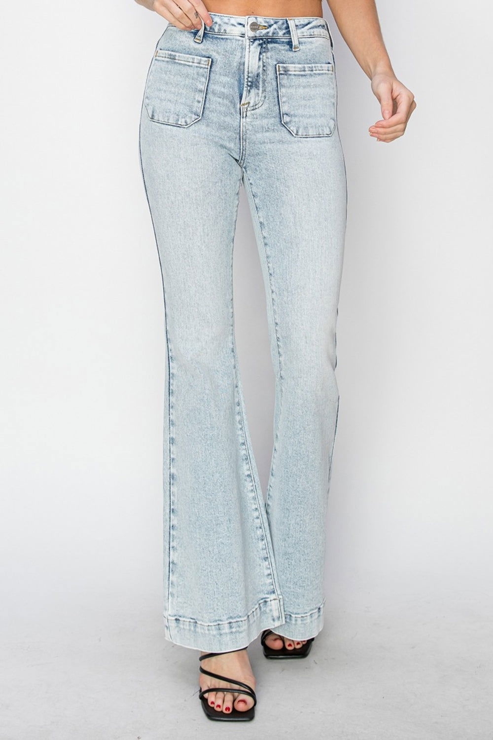 Risen Full Size High Rise Front Patch Pocket Flare Jeans us.meeeshop - 