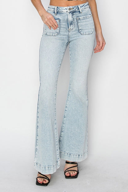 Risen Full Size High Rise Front Patch Pocket Flare Jeans us.meeeshop - Pants