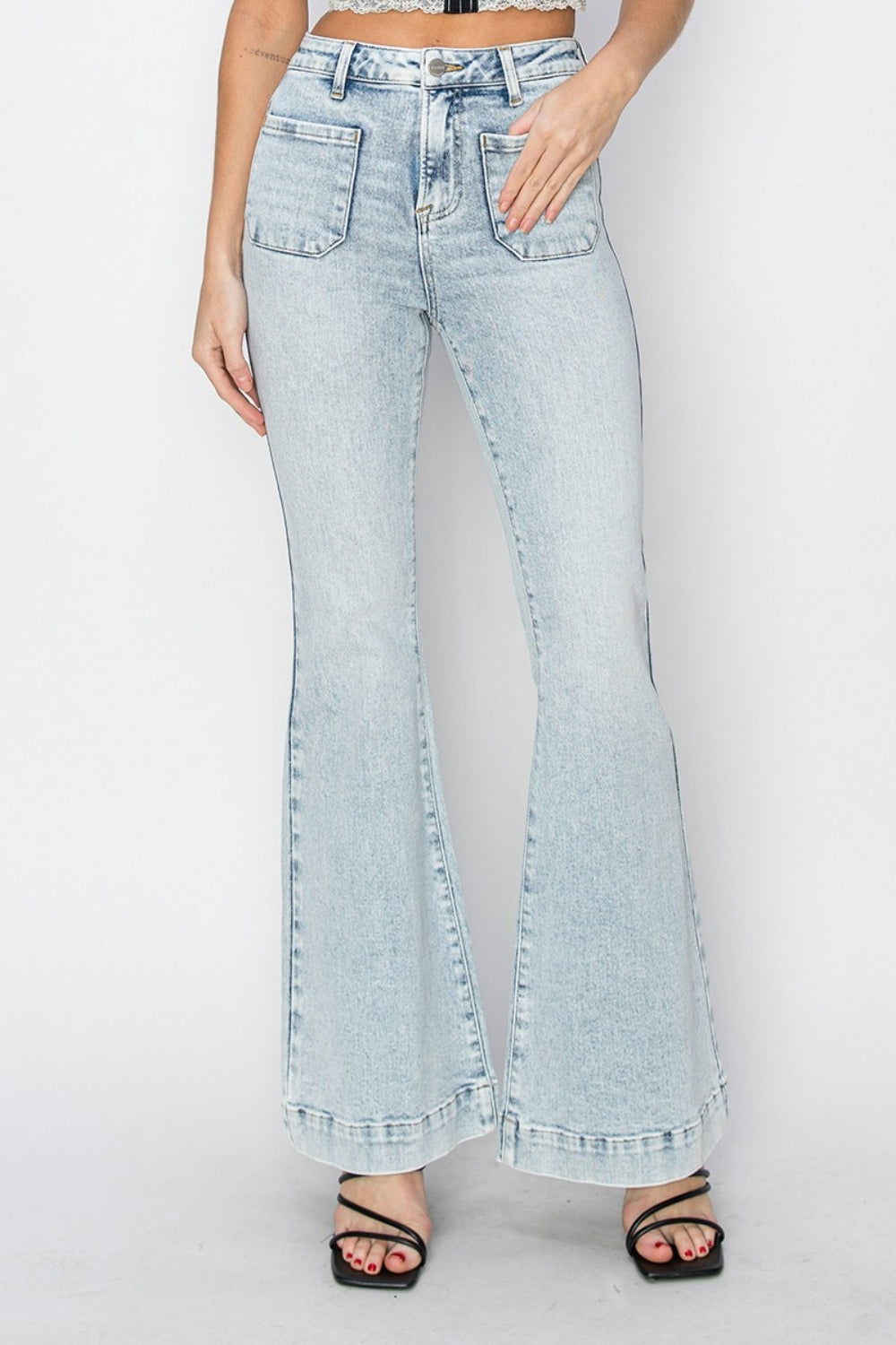 Risen Full Size High Rise Front Patch Pocket Flare Jeans us.meeeshop - 