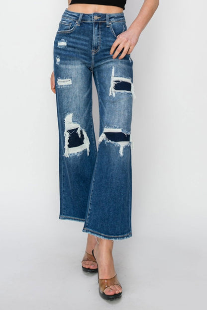 Risen Full Size High Rise Patch Detailed Wide Leg Crop Jeans us.meeeshop - 