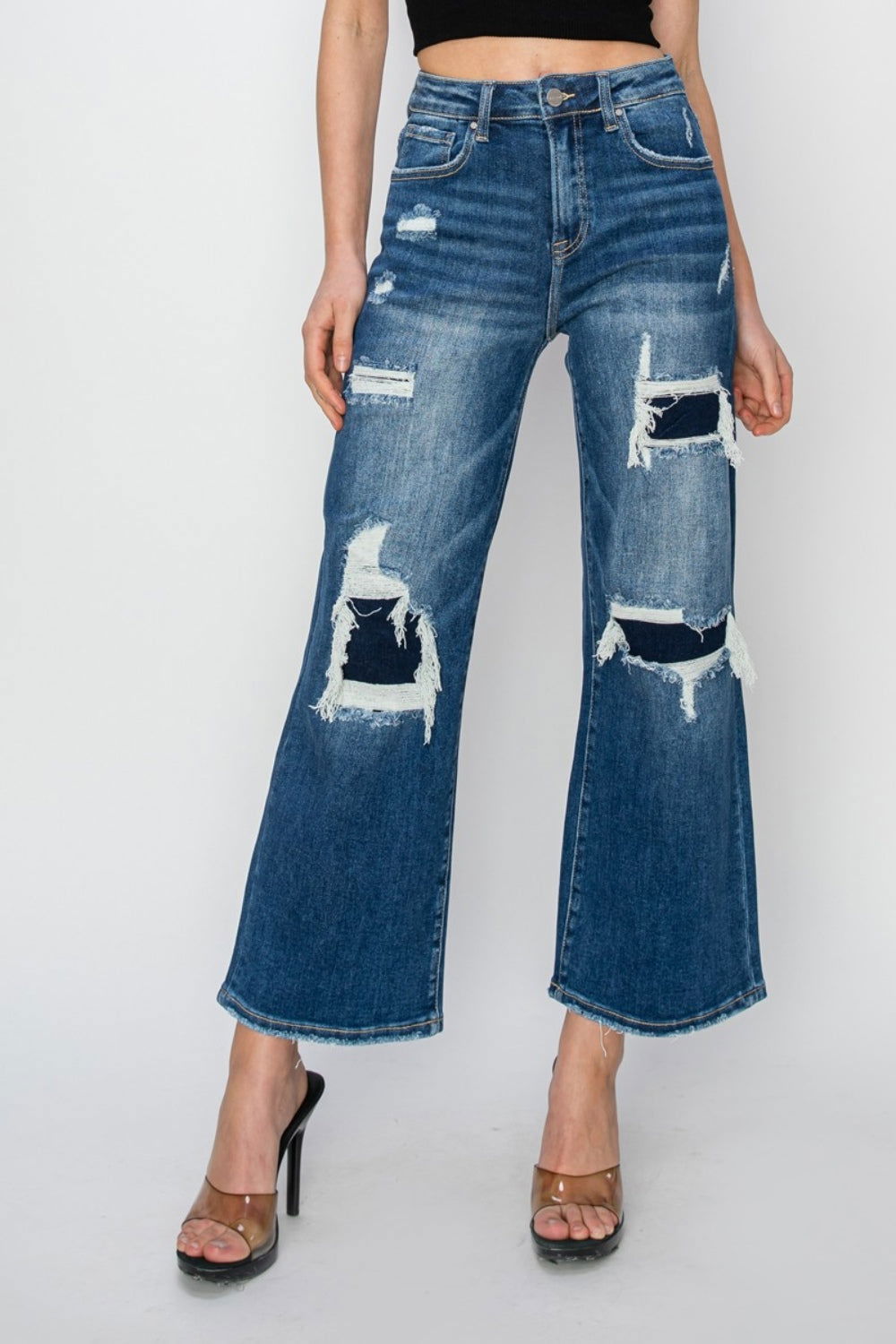 Risen Full Size High Rise Patch Detailed Wide Leg Crop Jeans us.meeeshop - Pants