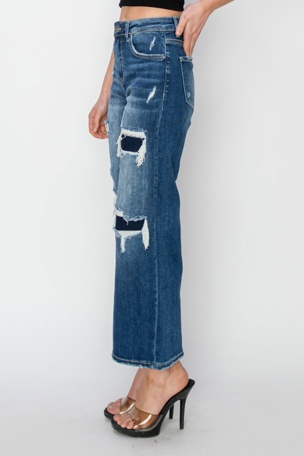 Risen Full Size High Rise Patch Detailed Wide Leg Crop Jeans us.meeeshop - 