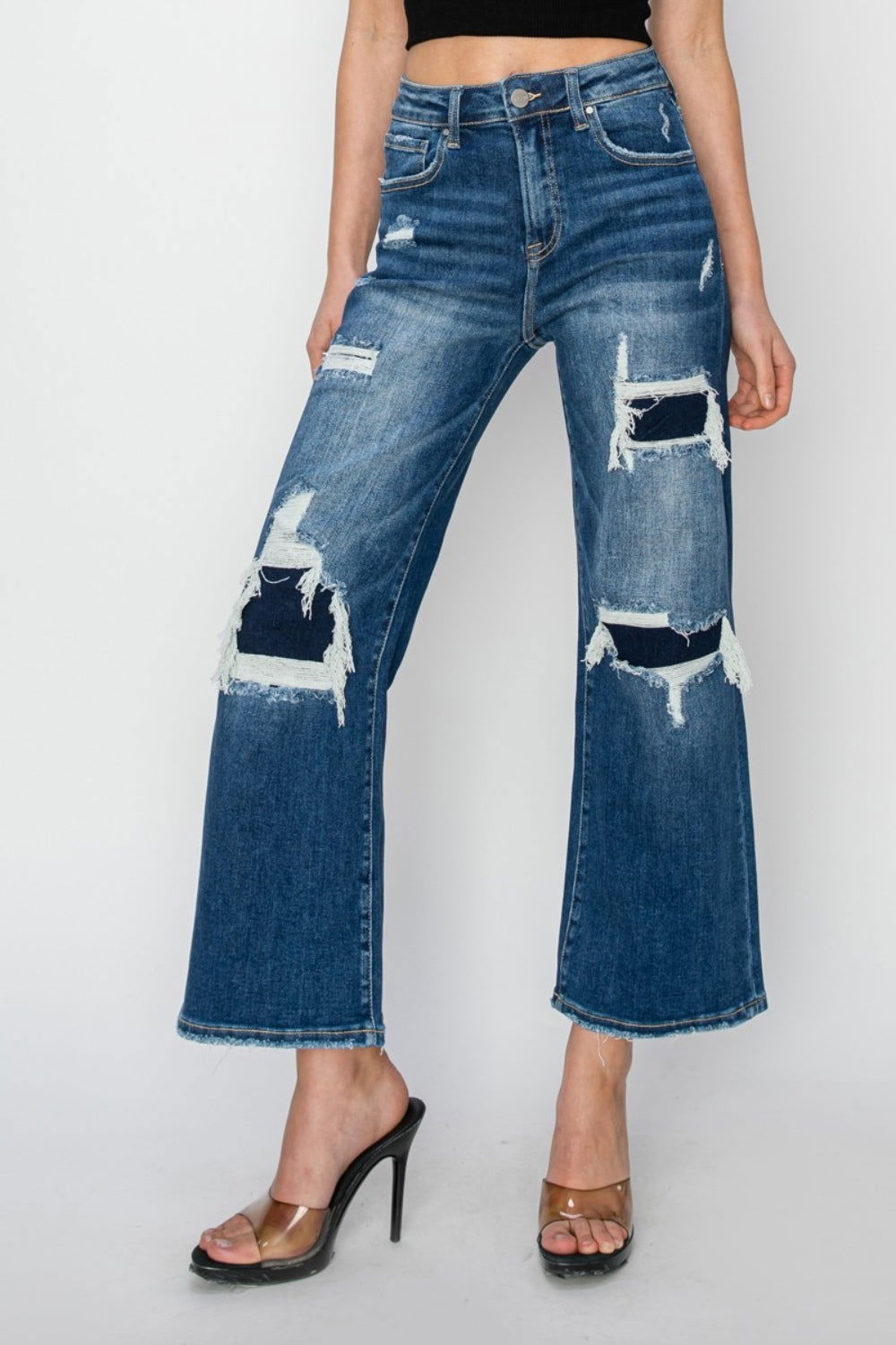 Risen Full Size High Rise Patch Detailed Wide Leg Crop Jeans us.meeeshop - 