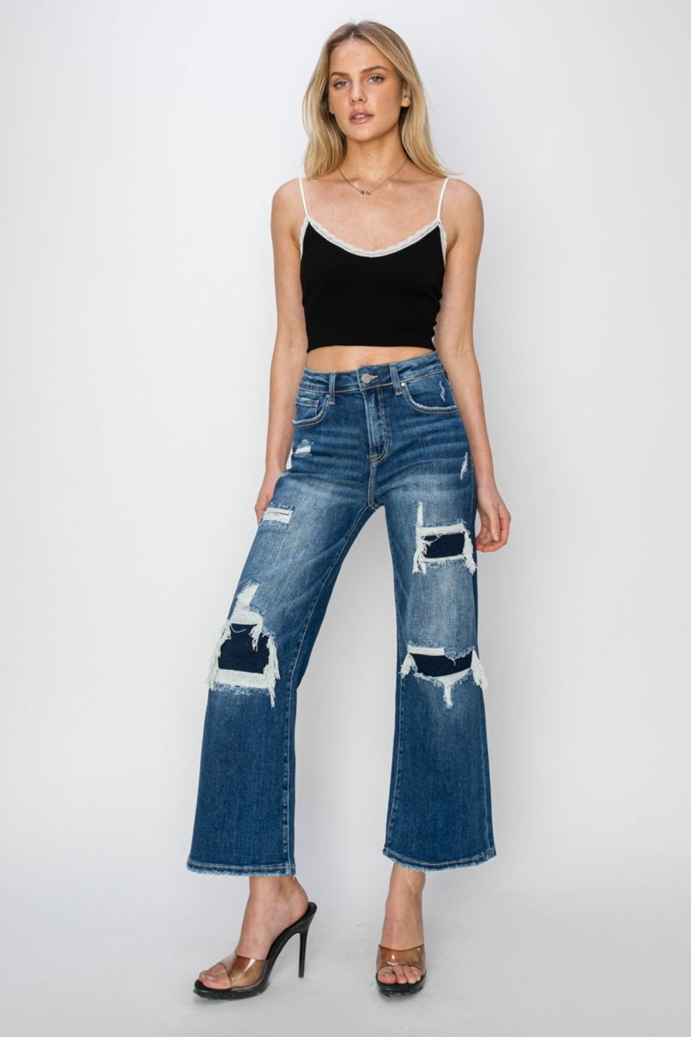 Risen Full Size High Rise Patch Detailed Wide Leg Crop Jeans us.meeeshop - 