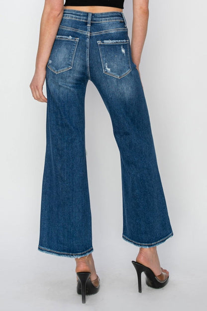 Women's Risen Full Size High Rise Patch Detailed Wide Leg Crop Jeans - us.meeeshop