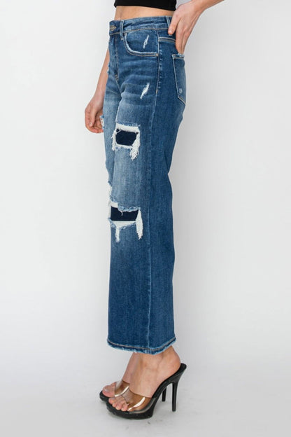 Women's Risen Full Size High Rise Patch Detailed Wide Leg Crop Jeans - us.meeeshop